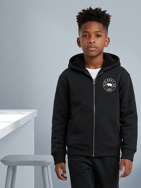 EUC Old Navy Child Kids Black Full Zip Hoodie Sherpa Lined Logo Jacket. - Size M